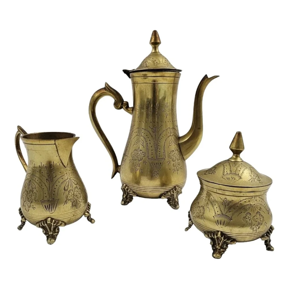 Vintage Tea Pot Set w/ Creamer Sugar Bowl Etched EPNS Gold Tone Glam Victorian